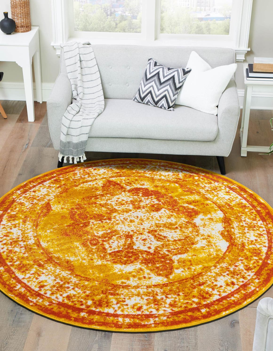 Orange 5' 3 x 5' 3 Sofia Round Area Rug Durable Easy Clean Stain Resistant Unique Carpet for Affordable Interior Home Design for Sale at Rug Engine