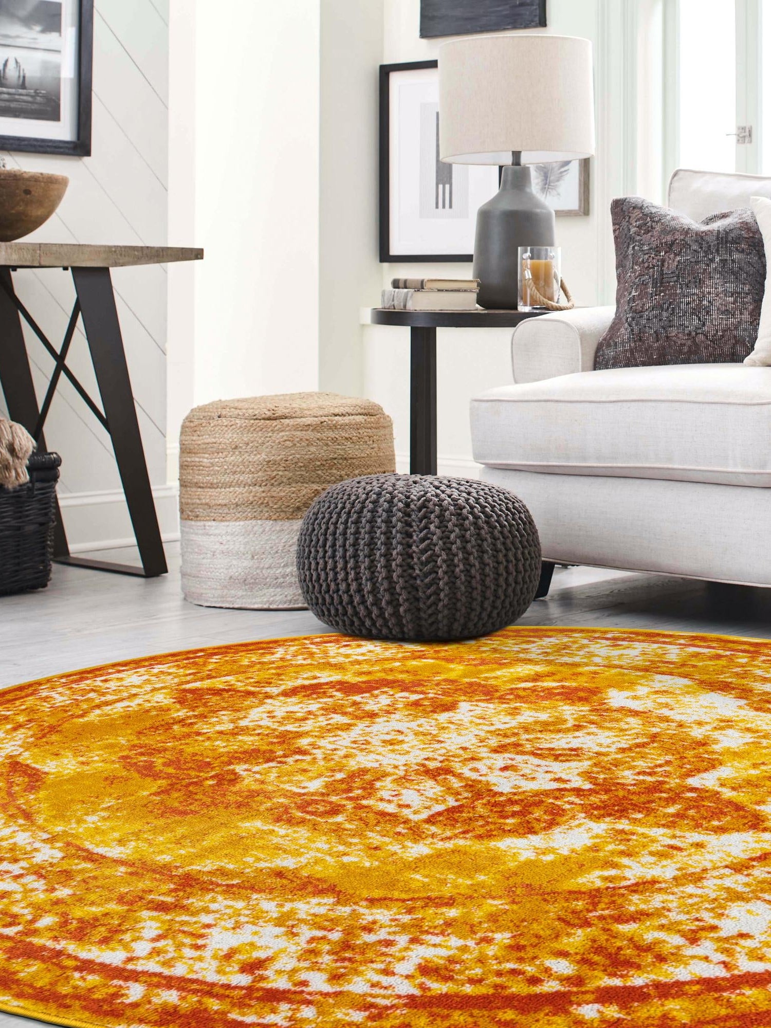 Orange 7' 1 x 7' 1 Sofia Round Area Rug Durable Easy Clean Stain Resistant Unique Carpet for Affordable Interior Home Design for Sale at Rug Engine