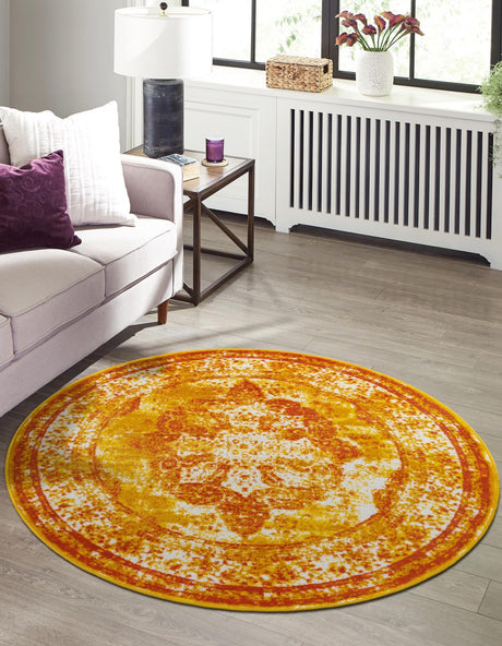 Orange 5' 3 x 5' 3 Sofia Round Area Rug Durable Easy Clean Stain Resistant Unique Carpet for Affordable Interior Home Design for Sale at Rug Engine