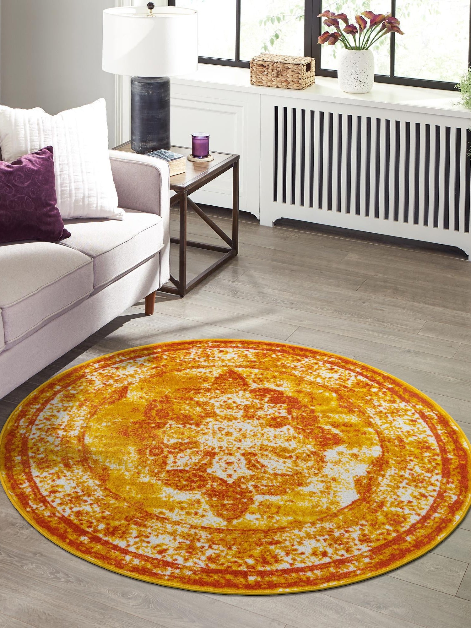 Orange 7' 1 x 7' 1 Sofia Round Area Rug Durable Easy Clean Stain Resistant Unique Carpet for Affordable Interior Home Design for Sale at Rug Engine