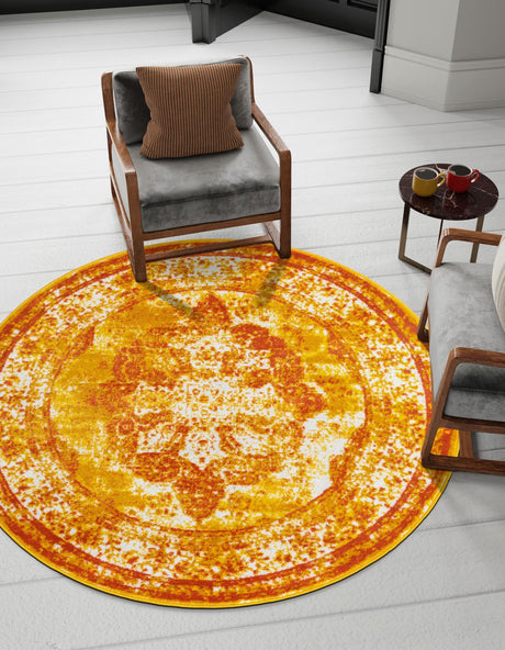 Orange 5' 3 x 5' 3 Sofia Round Area Rug Durable Easy Clean Stain Resistant Unique Carpet for Affordable Interior Home Design for Sale at Rug Engine