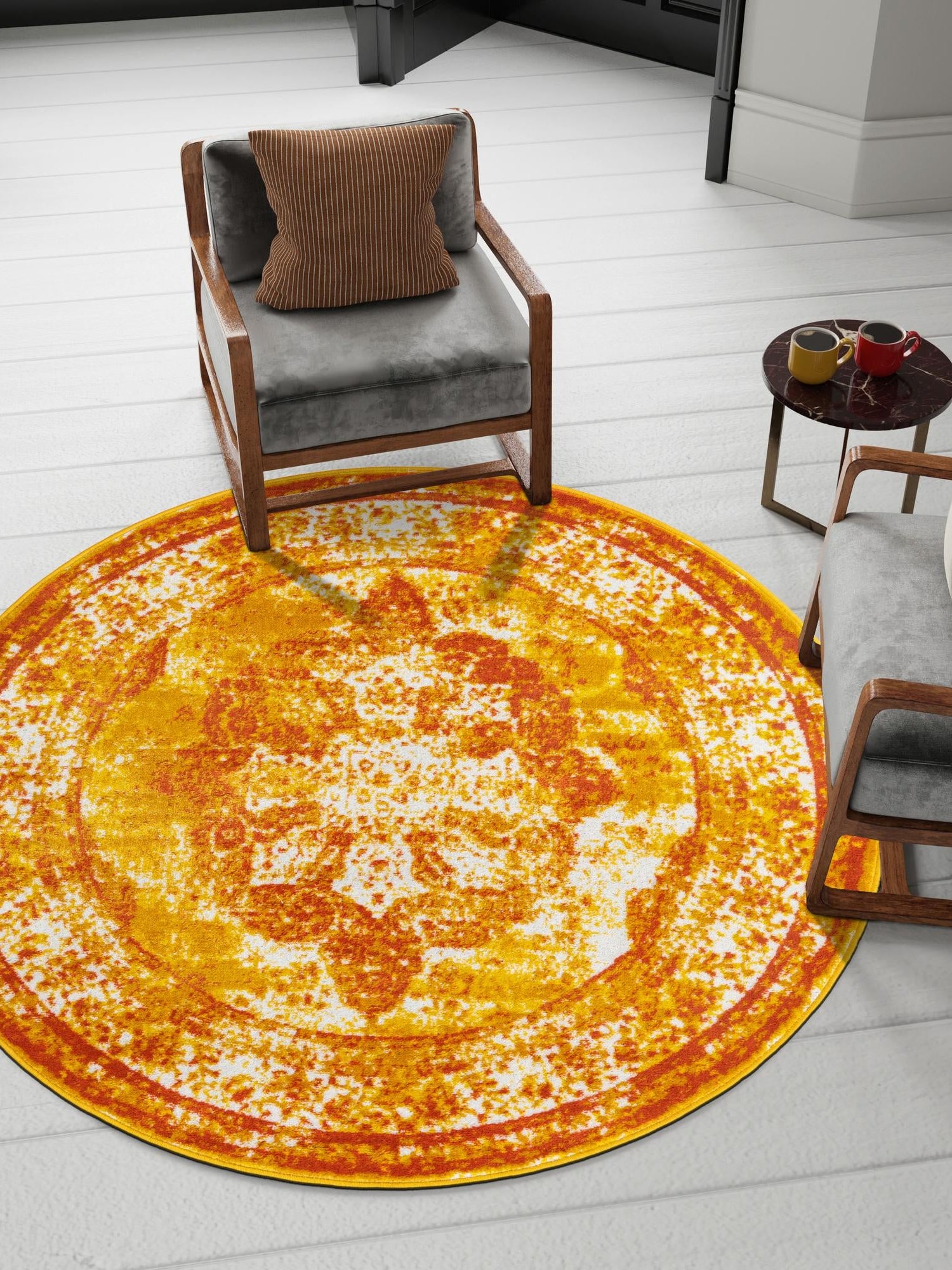 Orange 7' 1 x 7' 1 Sofia Round Area Rug Durable Easy Clean Stain Resistant Unique Carpet for Affordable Interior Home Design for Sale at Rug Engine