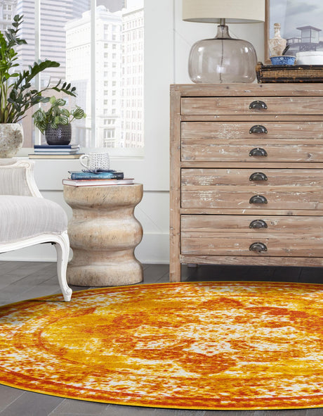 Orange 5' 3 x 5' 3 Sofia Round Area Rug Durable Easy Clean Stain Resistant Unique Carpet for Affordable Interior Home Design for Sale at Rug Engine