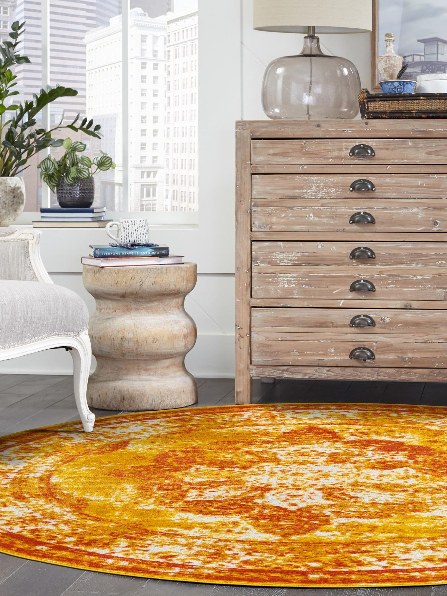Orange 7' 1 x 7' 1 Sofia Round Area Rug Durable Easy Clean Stain Resistant Unique Carpet for Affordable Interior Home Design for Sale at Rug Engine