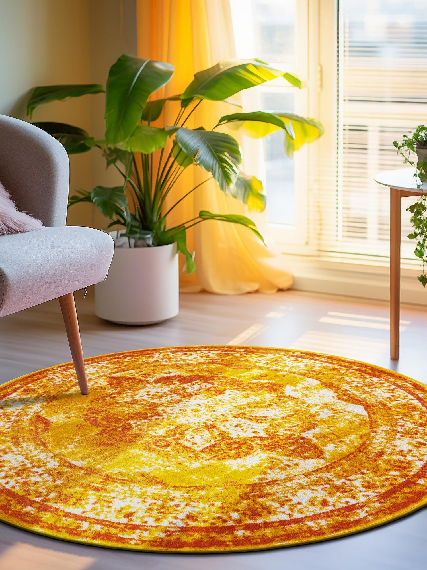 Orange 7' 1 x 7' 1 Sofia Round Area Rug Durable Easy Clean Stain Resistant Unique Carpet for Affordable Interior Home Design for Sale at Rug Engine