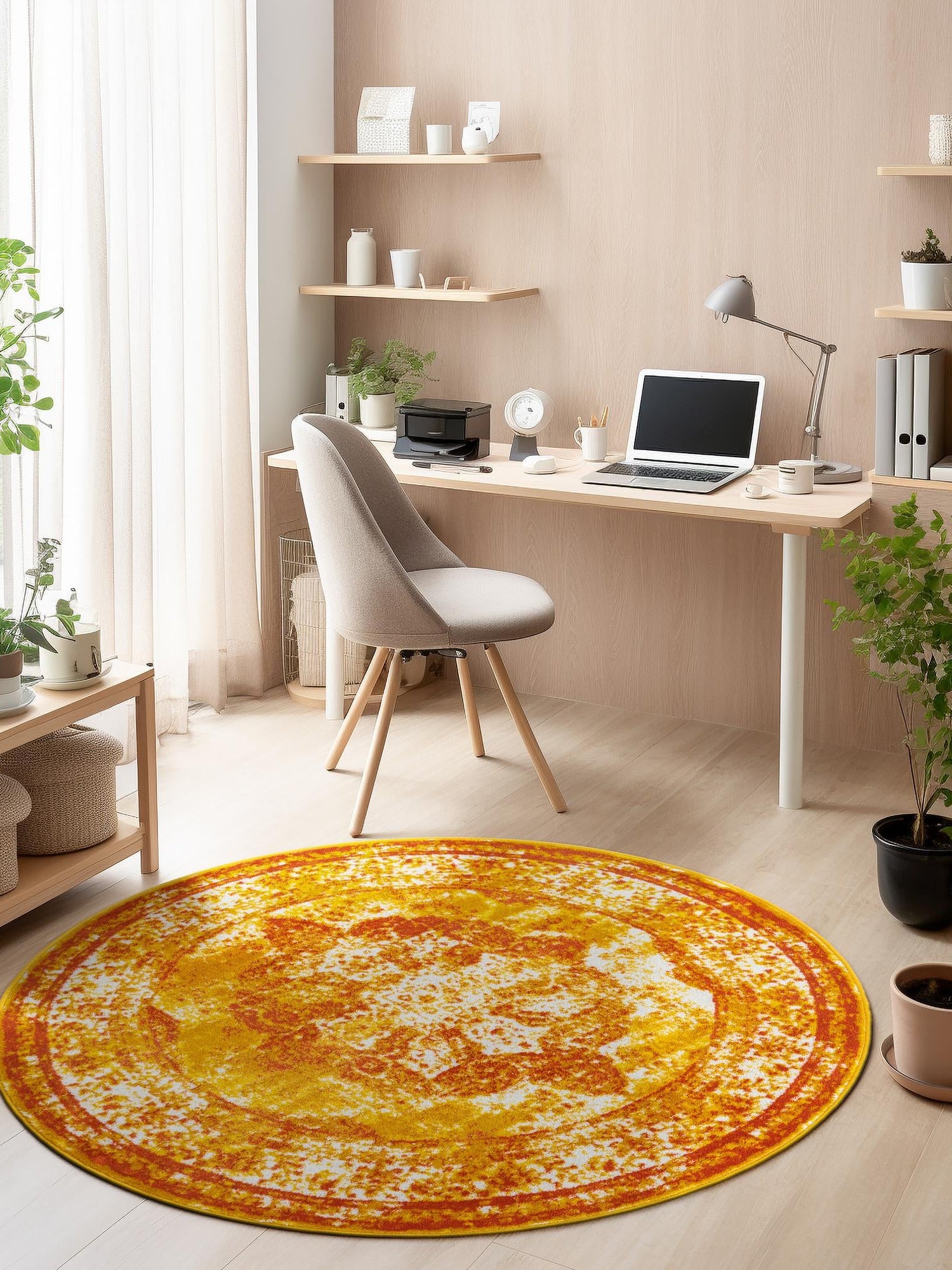 Orange 7' 1 x 7' 1 Sofia Round Area Rug Durable Easy Clean Stain Resistant Unique Carpet for Affordable Interior Home Design for Sale at Rug Engine