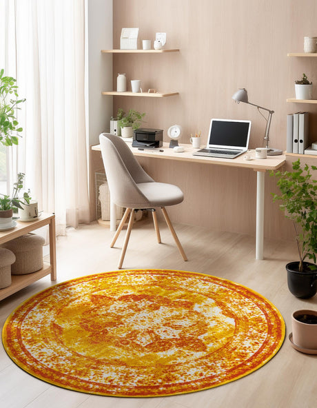 Orange 7' 1 x 7' 1 Sofia Round Area Rug Durable Easy Clean Stain Resistant Unique Carpet for Affordable Interior Home Design for Sale at Rug Engine