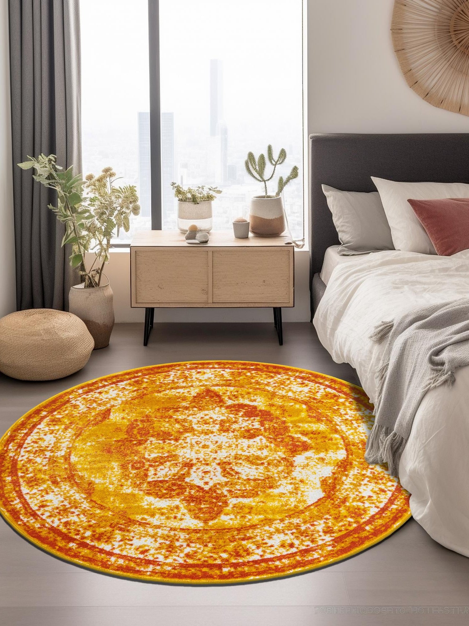 Orange 7' 1 x 7' 1 Sofia Round Area Rug Durable Easy Clean Stain Resistant Unique Carpet for Affordable Interior Home Design for Sale at Rug Engine