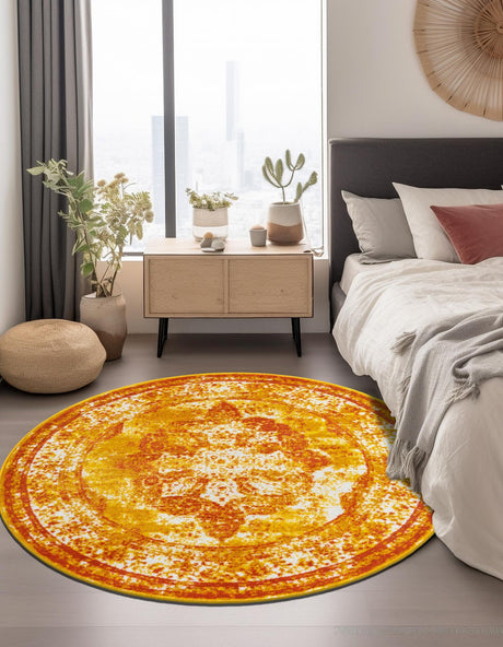 Orange 7' 1 x 7' 1 Sofia Round Area Rug Durable Easy Clean Stain Resistant Unique Carpet for Affordable Interior Home Design for Sale at Rug Engine