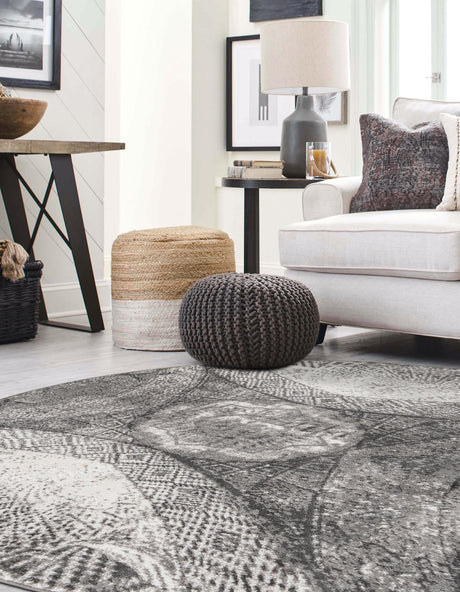 Dark Gray 7' 1 x 7' 1 Sofia Round Area Rug Durable Easy Clean Stain Resistant Unique Carpet for Affordable Interior Home Design for Sale at Rug Engine