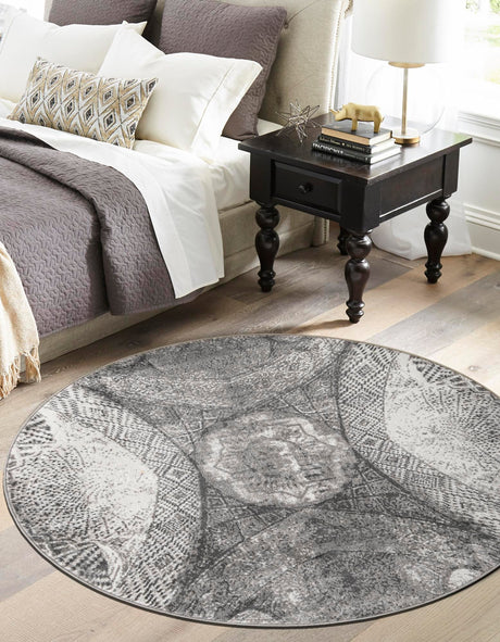 Dark Gray 7' 1 x 7' 1 Sofia Round Area Rug Durable Easy Clean Stain Resistant Unique Carpet for Affordable Interior Home Design for Sale at Rug Engine