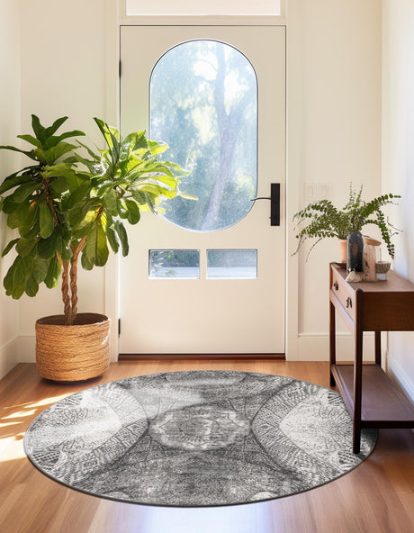 Dark Gray 7' 1 x 7' 1 Sofia Round Area Rug Durable Easy Clean Stain Resistant Unique Carpet for Affordable Interior Home Design for Sale at Rug Engine