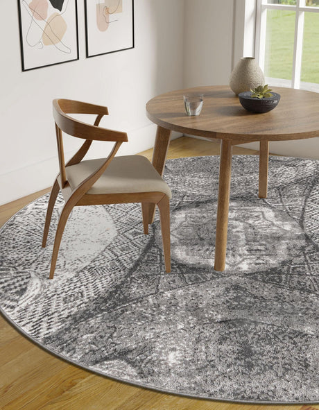 Dark Gray 7' 1 x 7' 1 Sofia Round Area Rug Durable Easy Clean Stain Resistant Unique Carpet for Affordable Interior Home Design for Sale at Rug Engine