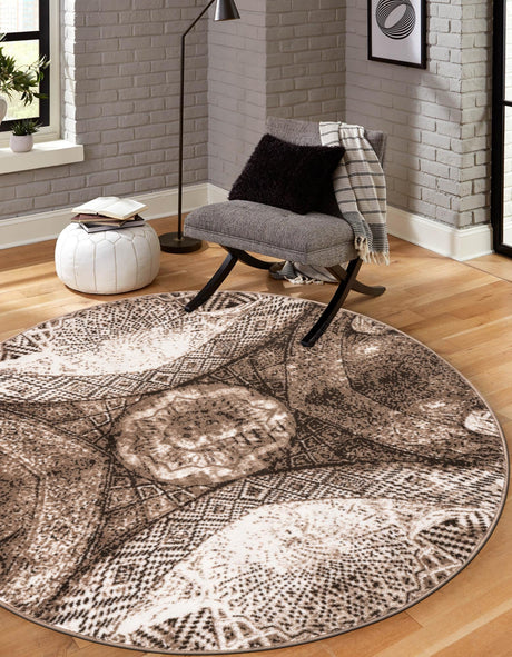 Brown 5' 3 x 5' 3 Sofia Round Area Rug Durable Easy Clean Stain Resistant Unique Carpet for Affordable Interior Home Design for Sale at Rug Engine
