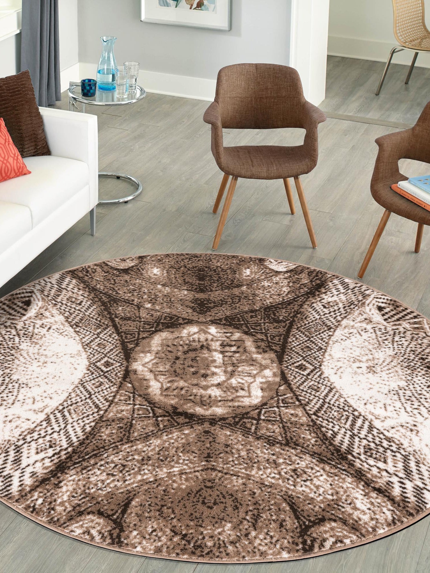Brown 7' 1 x 7' 1 Sofia Round Area Rug Durable Easy Clean Stain Resistant Unique Carpet for Affordable Interior Home Design for Sale at Rug Engine