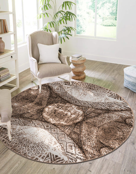 Brown 5' 3 x 5' 3 Sofia Round Area Rug Durable Easy Clean Stain Resistant Unique Carpet for Affordable Interior Home Design for Sale at Rug Engine
