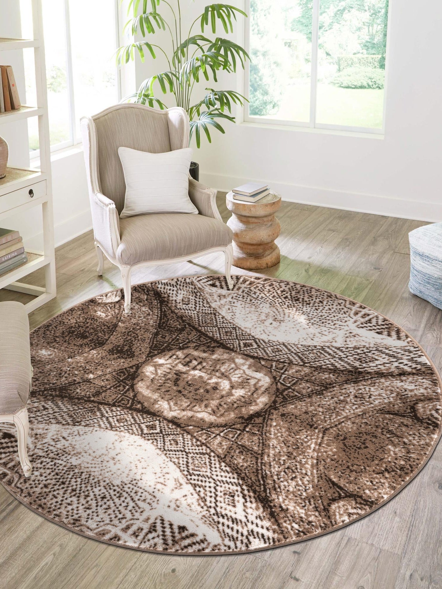 Brown 7' 1 x 7' 1 Sofia Round Area Rug Durable Easy Clean Stain Resistant Unique Carpet for Affordable Interior Home Design for Sale at Rug Engine