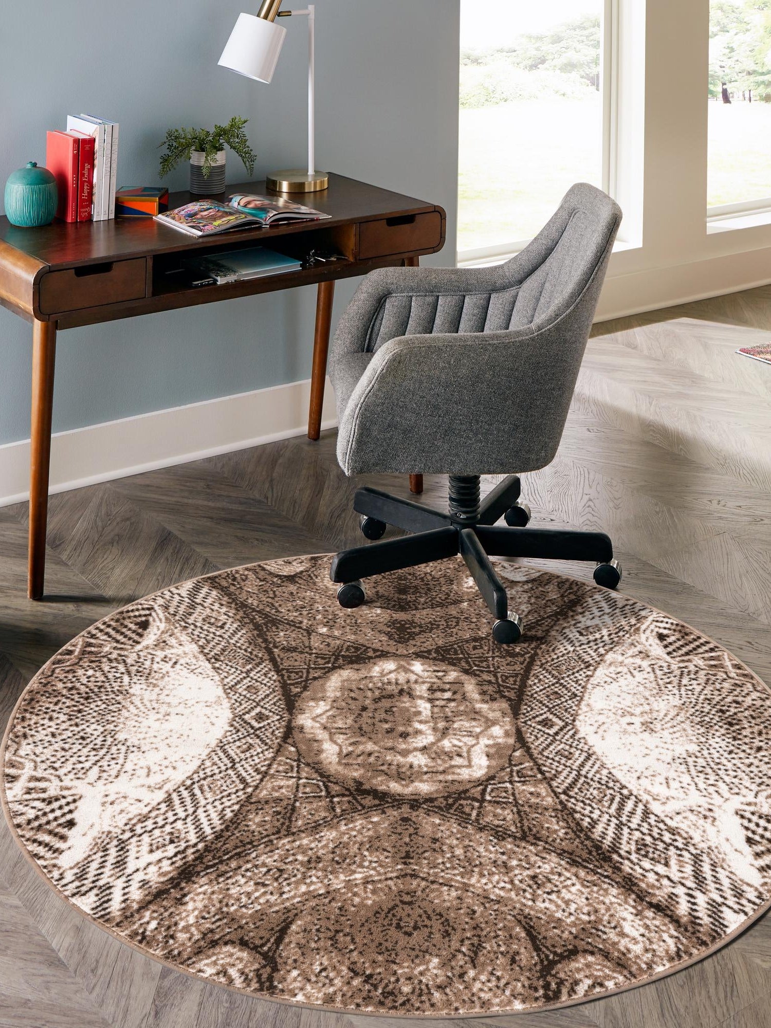 Brown 7' 1 x 7' 1 Sofia Round Area Rug Durable Easy Clean Stain Resistant Unique Carpet for Affordable Interior Home Design for Sale at Rug Engine