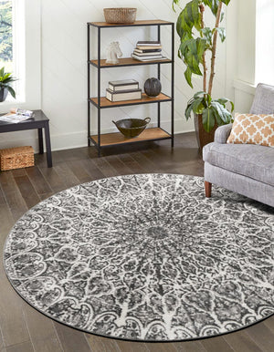 Dark Gray 7' 1 x 7' 1 Sofia Round Area Rug Durable Easy Clean Stain Resistant Unique Carpet for Affordable Interior Home Design for Sale at Rug Engine