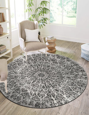 Dark Gray 7' 1 x 7' 1 Sofia Round Area Rug Durable Easy Clean Stain Resistant Unique Carpet for Affordable Interior Home Design for Sale at Rug Engine
