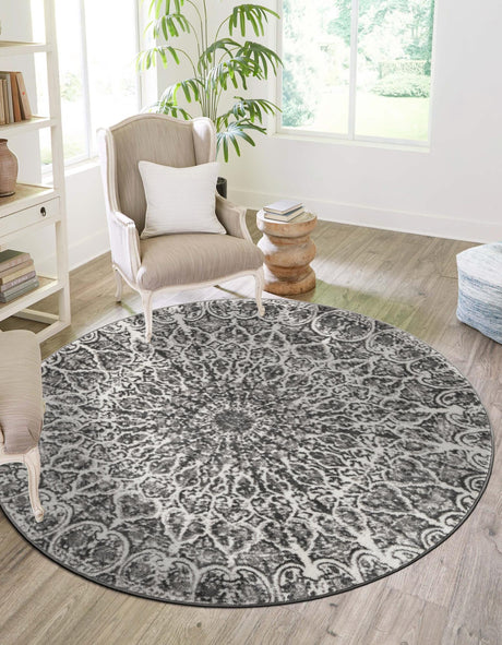 Dark Gray 7' 1 x 7' 1 Sofia Round Area Rug Durable Easy Clean Stain Resistant Unique Carpet for Affordable Interior Home Design for Sale at Rug Engine