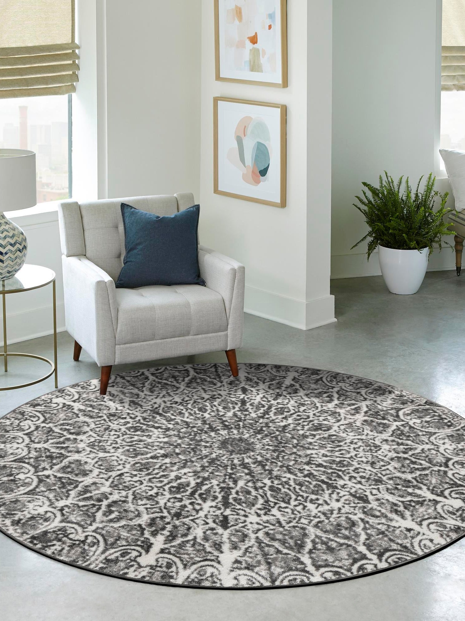 Dark Gray 5' 3 x 5' 3 Sofia Round Area Rug Durable Easy Clean Stain Resistant Unique Carpet for Affordable Interior Home Design for Sale at Rug Engine