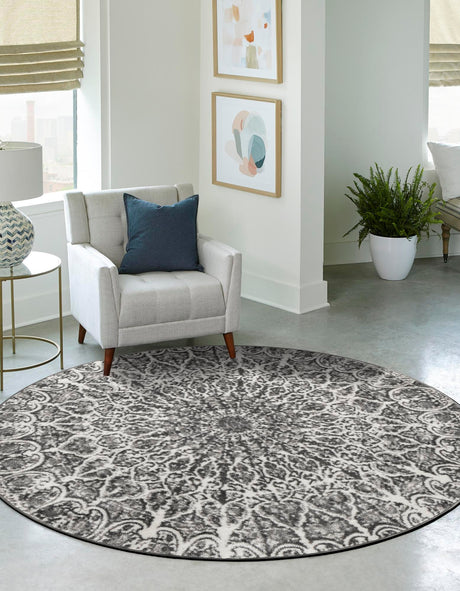 Dark Gray 5' 3 x 5' 3 Sofia Round Area Rug Durable Easy Clean Stain Resistant Unique Carpet for Affordable Interior Home Design for Sale at Rug Engine