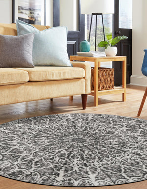 Dark Gray 7' 1 x 7' 1 Sofia Round Area Rug Durable Easy Clean Stain Resistant Unique Carpet for Affordable Interior Home Design for Sale at Rug Engine
