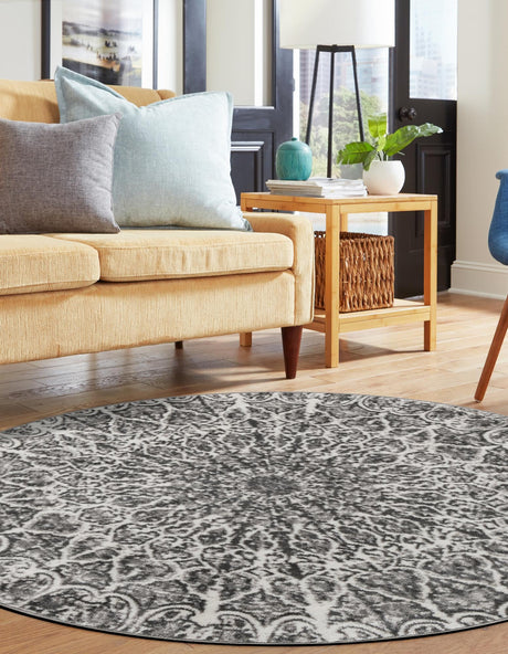Dark Gray 7' 1 x 7' 1 Sofia Round Area Rug Durable Easy Clean Stain Resistant Unique Carpet for Affordable Interior Home Design for Sale at Rug Engine