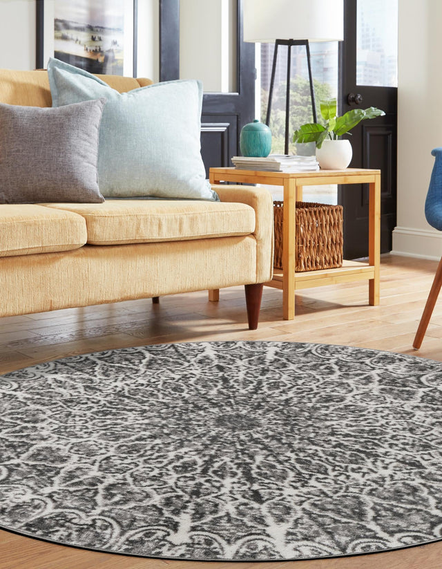Dark Gray 7' 1 x 7' 1 Sofia Round Area Rug Durable Easy Clean Stain Resistant Unique Carpet for Affordable Interior Home Design for Sale at Rug Engine