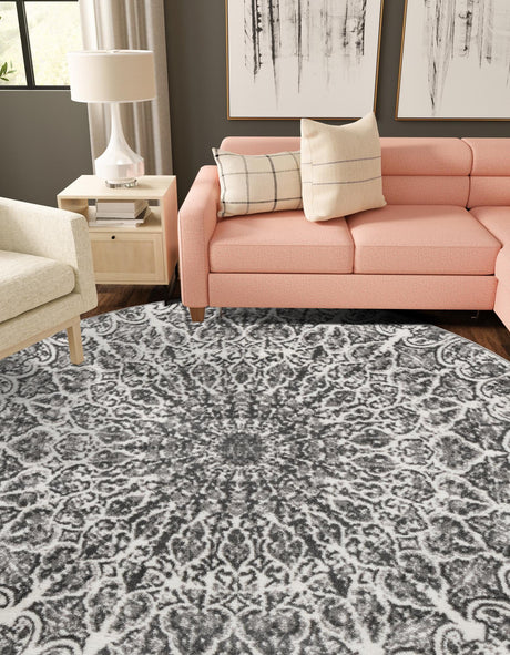 Dark Gray 7' 1 x 7' 1 Sofia Round Area Rug Durable Easy Clean Stain Resistant Unique Carpet for Affordable Interior Home Design for Sale at Rug Engine