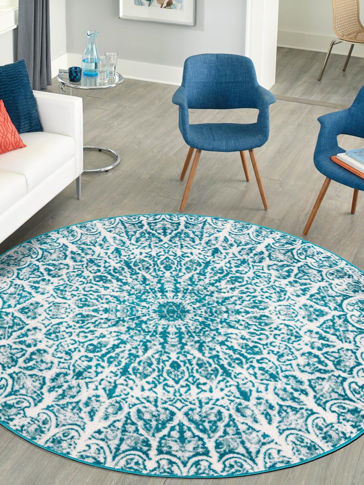 Turquoise 5' 3 x 5' 3 Sofia Round Area Rug Durable Easy Clean Stain Resistant Unique Carpet for Affordable Interior Home Design for Sale at Rug Engine
