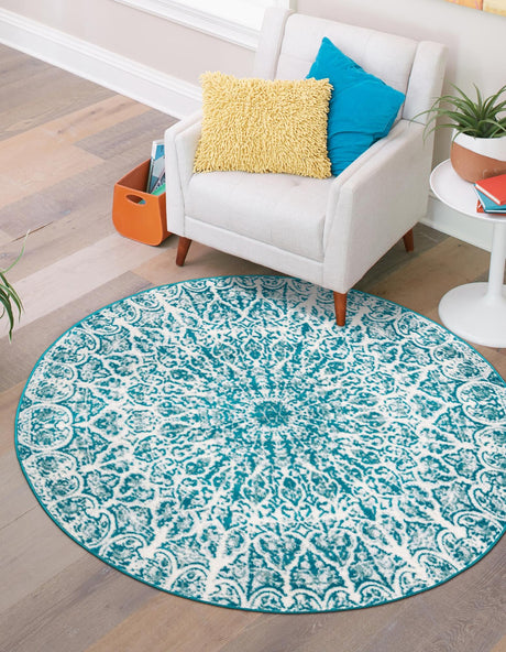 Turquoise 7' 1 x 7' 1 Sofia Round Area Rug Durable Easy Clean Stain Resistant Unique Carpet for Affordable Interior Home Design for Sale at Rug Engine