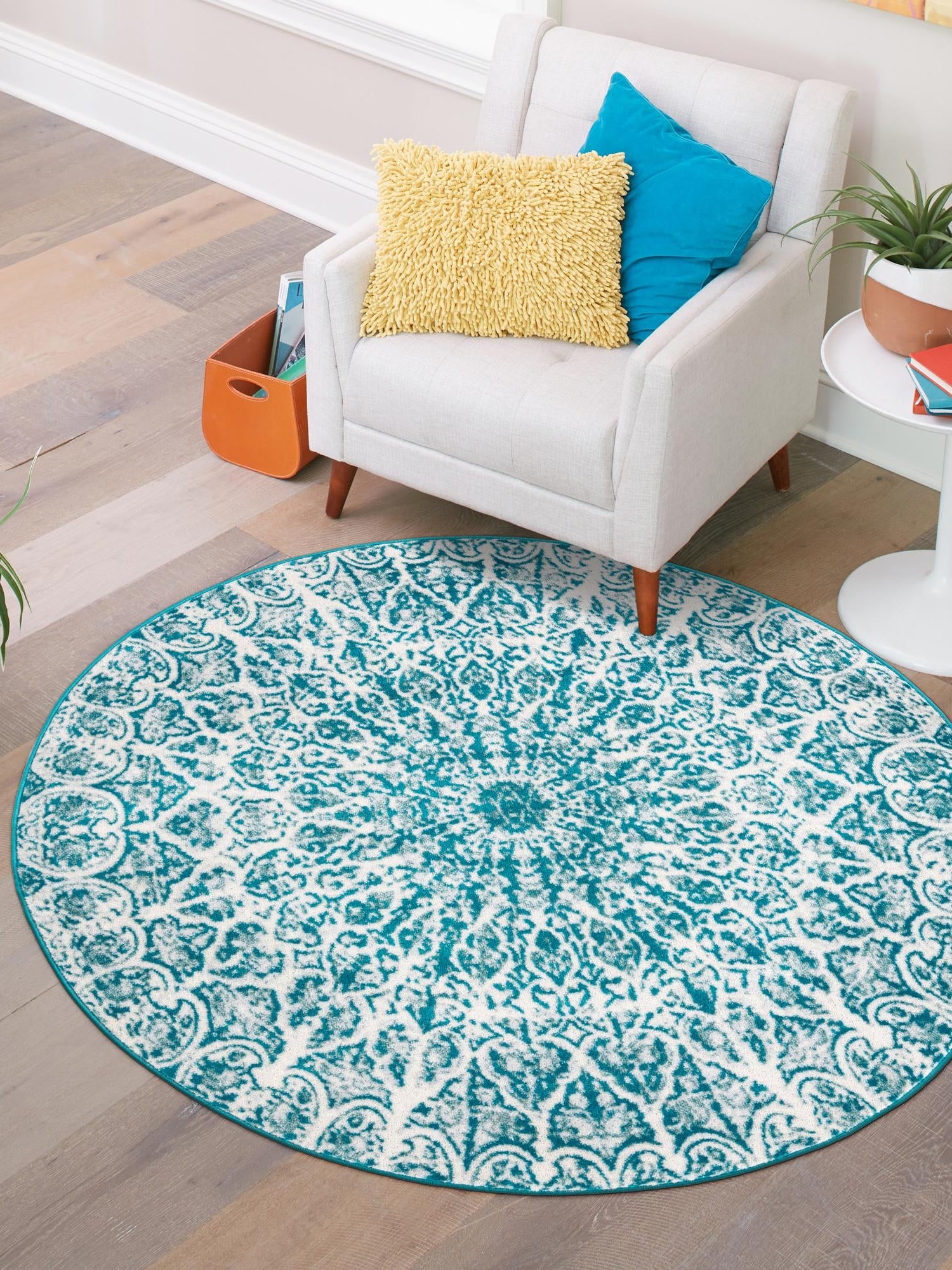 Turquoise 5' 3 x 5' 3 Sofia Round Area Rug Durable Easy Clean Stain Resistant Unique Carpet for Affordable Interior Home Design for Sale at Rug Engine