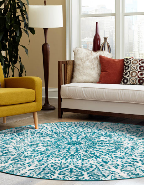 Turquoise 7' 1 x 7' 1 Sofia Round Area Rug Durable Easy Clean Stain Resistant Unique Carpet for Affordable Interior Home Design for Sale at Rug Engine