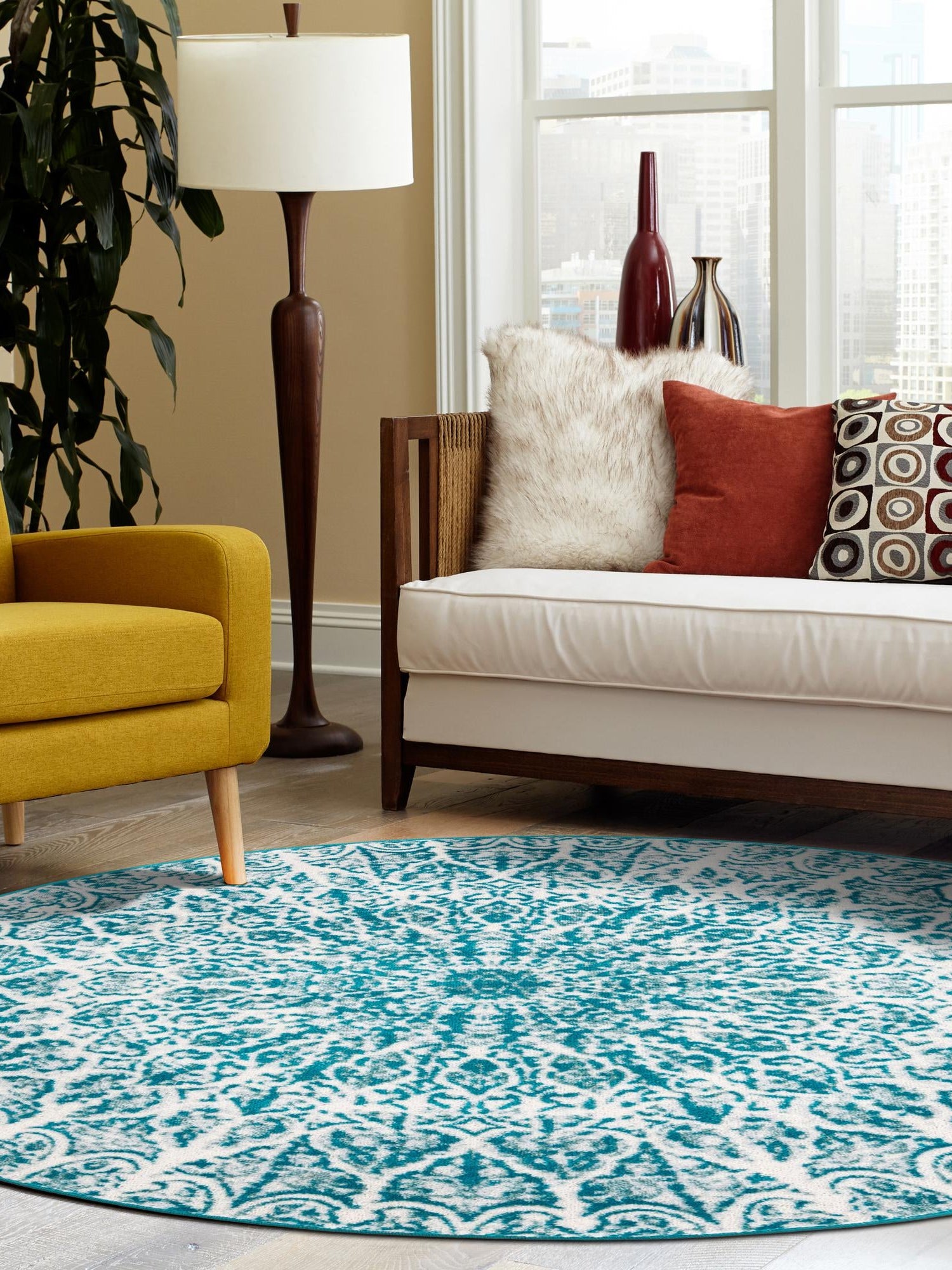 Turquoise 5' 3 x 5' 3 Sofia Round Area Rug Durable Easy Clean Stain Resistant Unique Carpet for Affordable Interior Home Design for Sale at Rug Engine