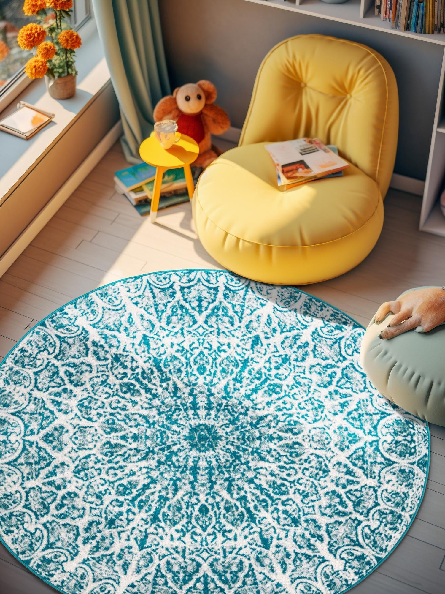 Turquoise 5' 3 x 5' 3 Sofia Round Area Rug Durable Easy Clean Stain Resistant Unique Carpet for Affordable Interior Home Design for Sale at Rug Engine