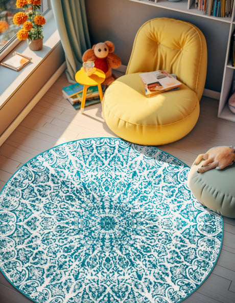 Turquoise 5' 3 x 5' 3 Sofia Round Area Rug Durable Easy Clean Stain Resistant Unique Carpet for Affordable Interior Home Design for Sale at Rug Engine