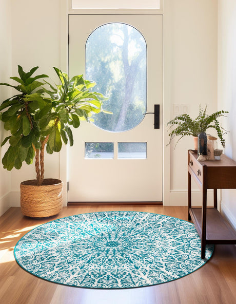 Turquoise 7' 1 x 7' 1 Sofia Round Area Rug Durable Easy Clean Stain Resistant Unique Carpet for Affordable Interior Home Design for Sale at Rug Engine