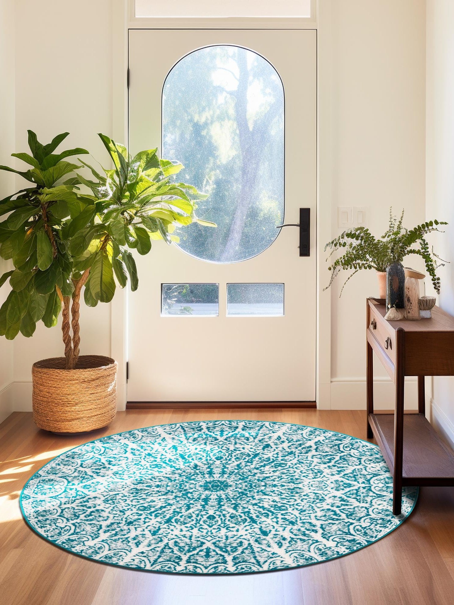 Turquoise 5' 3 x 5' 3 Sofia Round Area Rug Durable Easy Clean Stain Resistant Unique Carpet for Affordable Interior Home Design for Sale at Rug Engine