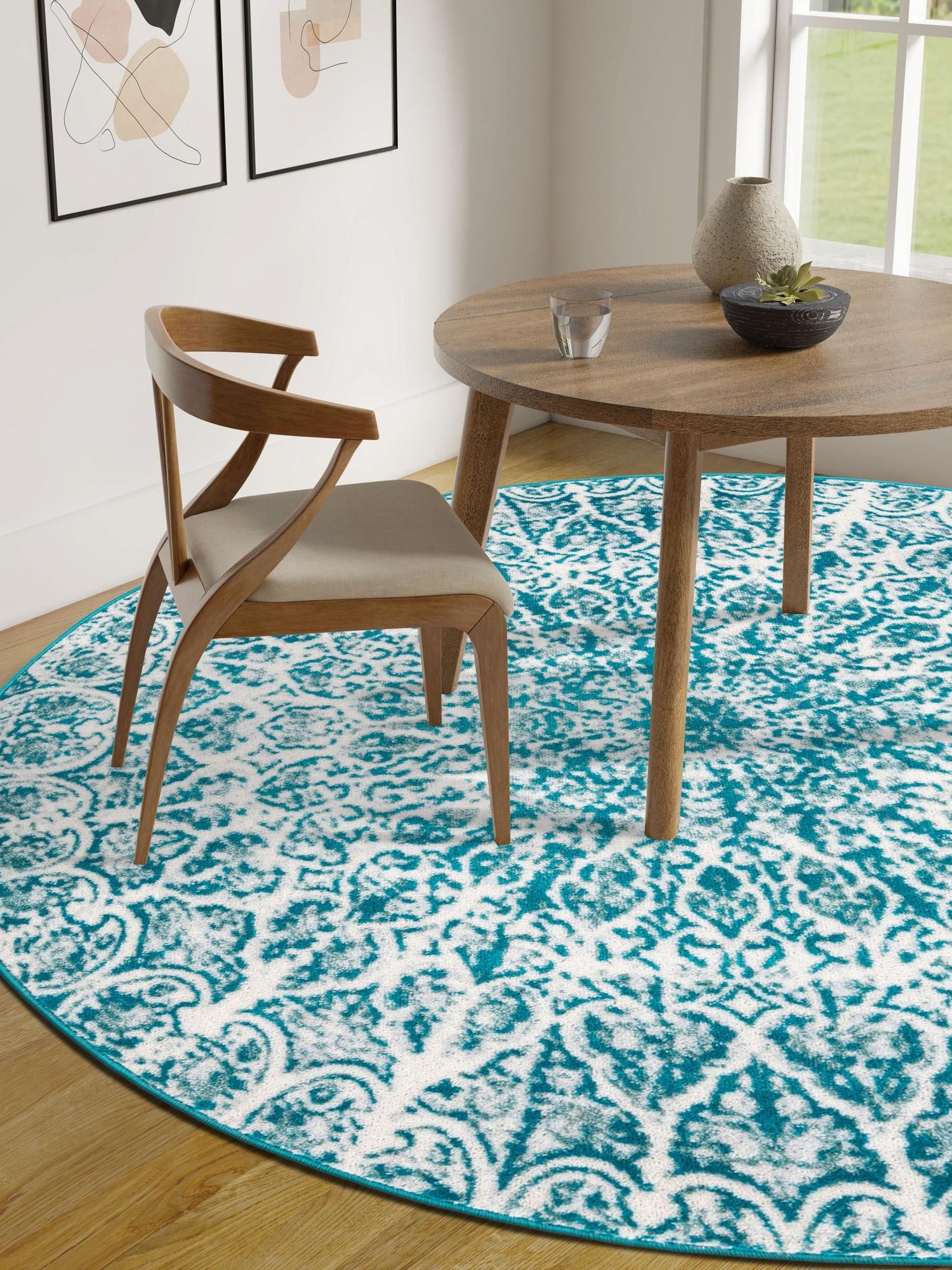 Turquoise 5' 3 x 5' 3 Sofia Round Area Rug Durable Easy Clean Stain Resistant Unique Carpet for Affordable Interior Home Design for Sale at Rug Engine