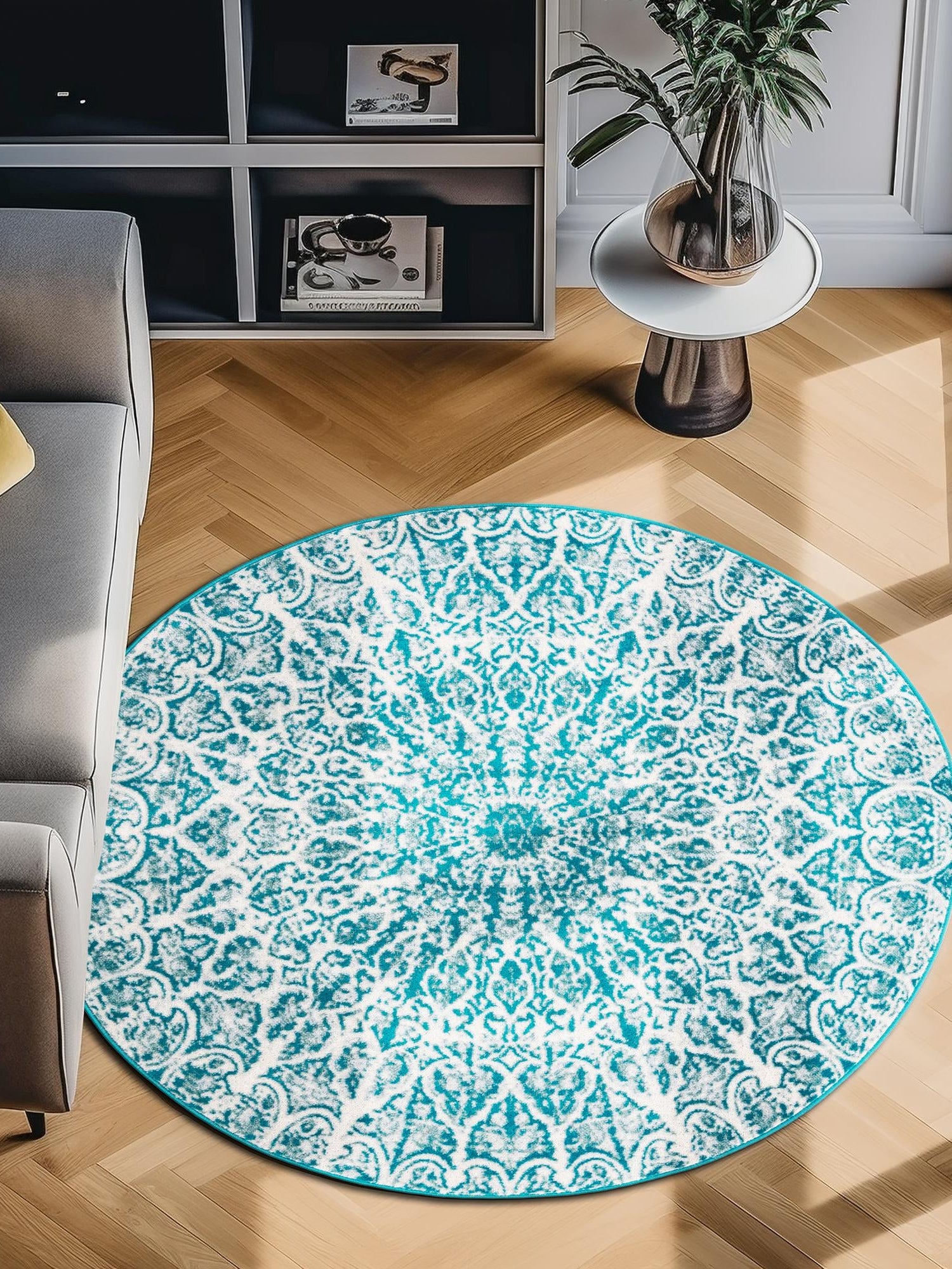 Turquoise 5' 3 x 5' 3 Sofia Round Area Rug Durable Easy Clean Stain Resistant Unique Carpet for Affordable Interior Home Design for Sale at Rug Engine