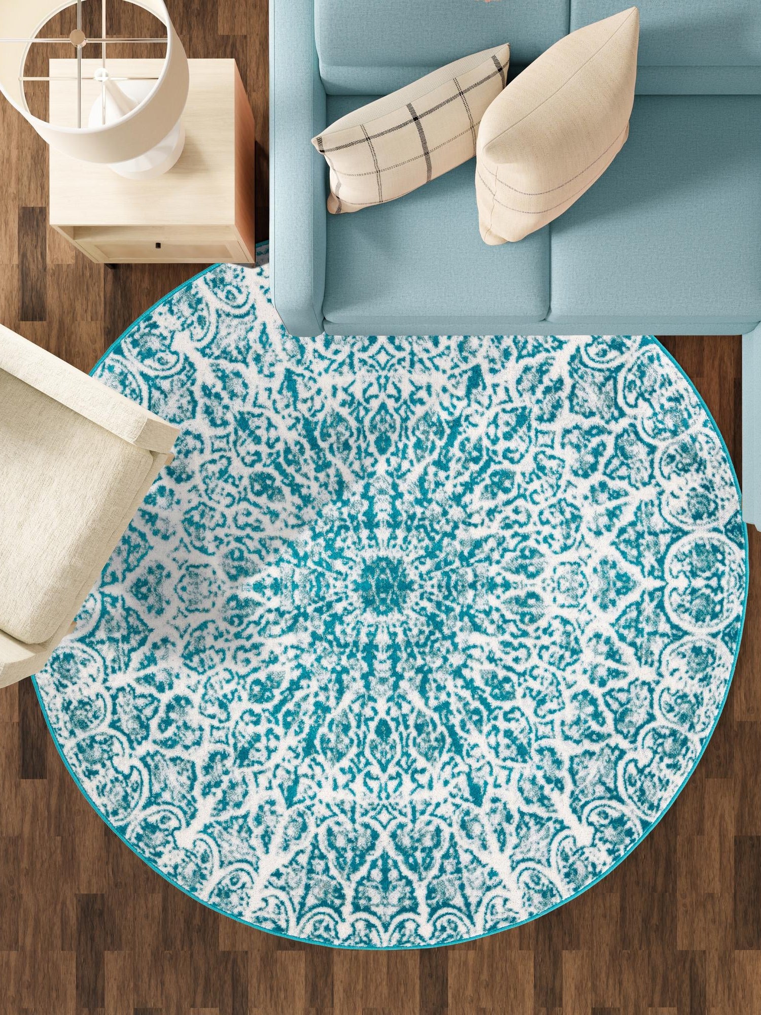 Turquoise 5' 3 x 5' 3 Sofia Round Area Rug Durable Easy Clean Stain Resistant Unique Carpet for Affordable Interior Home Design for Sale at Rug Engine