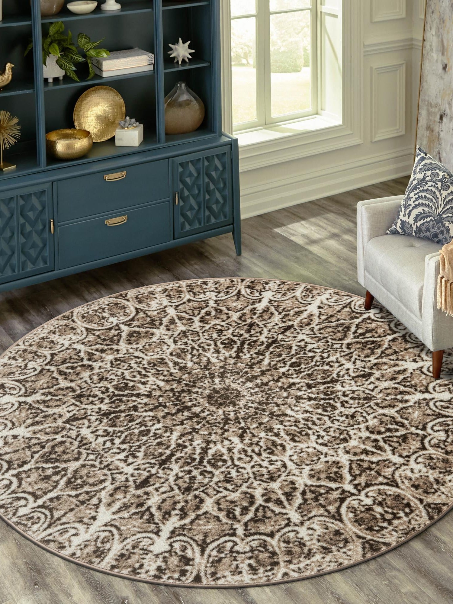 Brown 5' 3 x 5' 3 Sofia Round Area Rug Durable Easy Clean Stain Resistant Unique Carpet for Affordable Interior Home Design for Sale at Rug Engine