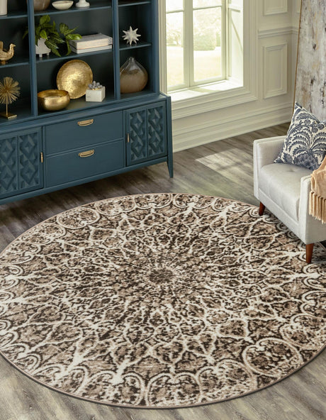 Brown 5' 3 x 5' 3 Sofia Round Area Rug Durable Easy Clean Stain Resistant Unique Carpet for Affordable Interior Home Design for Sale at Rug Engine