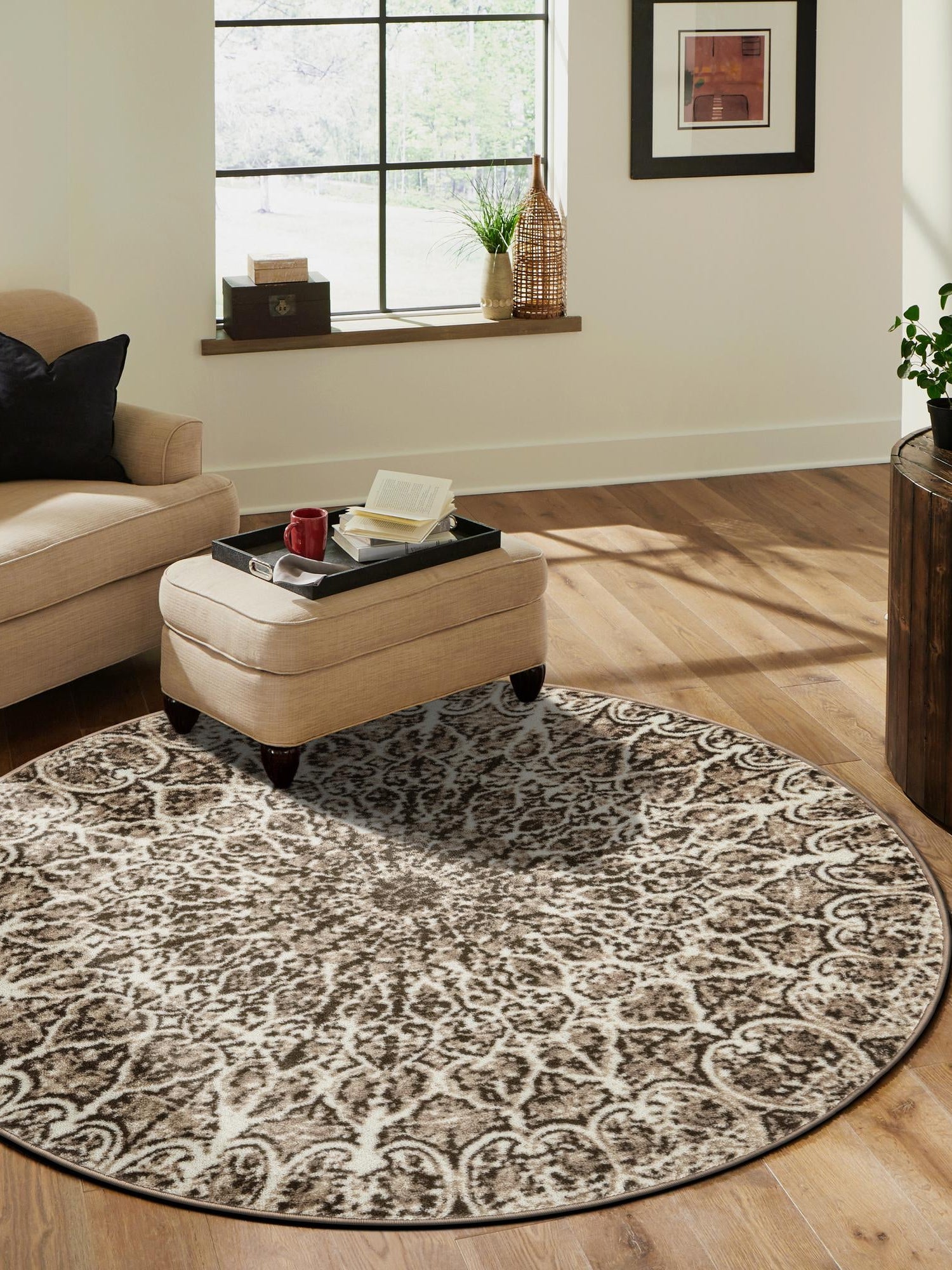 Brown 5' 3 x 5' 3 Sofia Round Area Rug Durable Easy Clean Stain Resistant Unique Carpet for Affordable Interior Home Design for Sale at Rug Engine