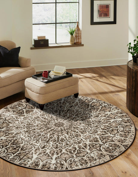 Brown 5' 3 x 5' 3 Sofia Round Area Rug Durable Easy Clean Stain Resistant Unique Carpet for Affordable Interior Home Design for Sale at Rug Engine