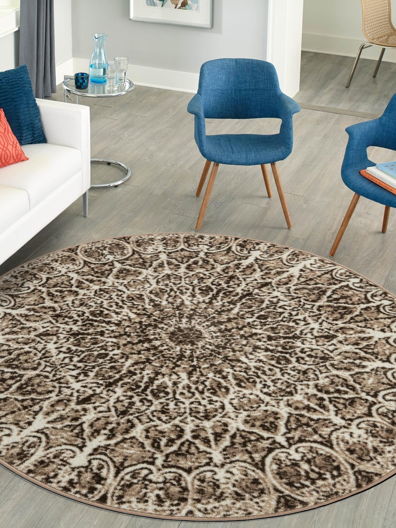 Brown 5' 3 x 5' 3 Sofia Round Area Rug Durable Easy Clean Stain Resistant Unique Carpet for Affordable Interior Home Design for Sale at Rug Engine