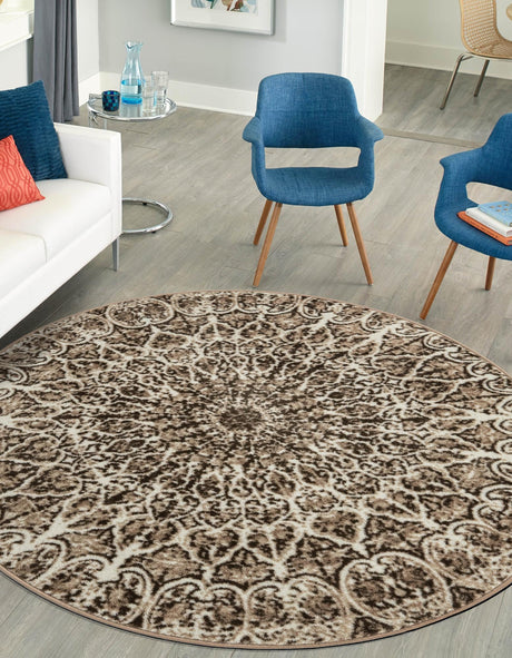 Brown 5' 3 x 5' 3 Sofia Round Area Rug Durable Easy Clean Stain Resistant Unique Carpet for Affordable Interior Home Design for Sale at Rug Engine
