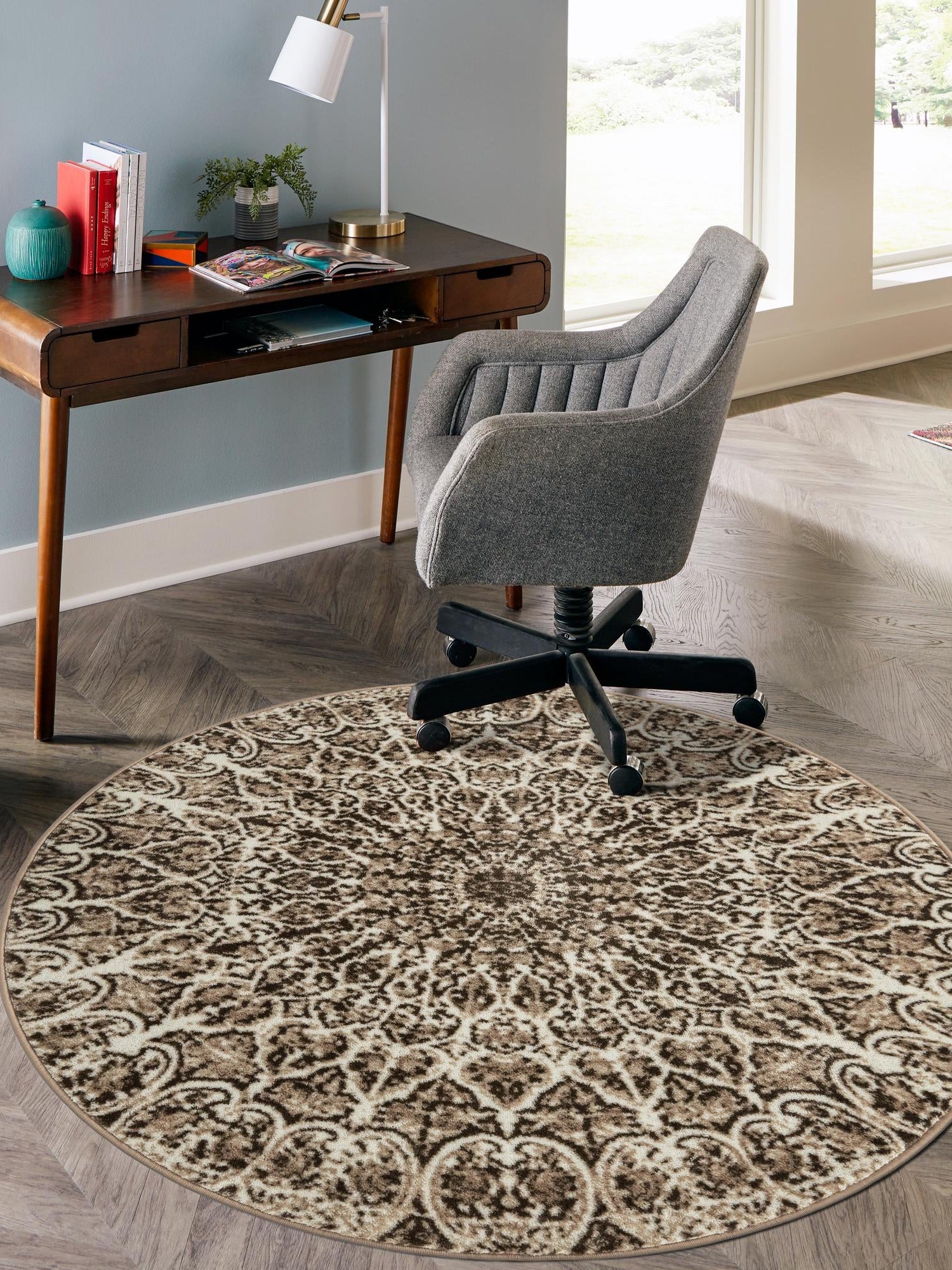 Brown 5' 3 x 5' 3 Sofia Round Area Rug Durable Easy Clean Stain Resistant Unique Carpet for Affordable Interior Home Design for Sale at Rug Engine